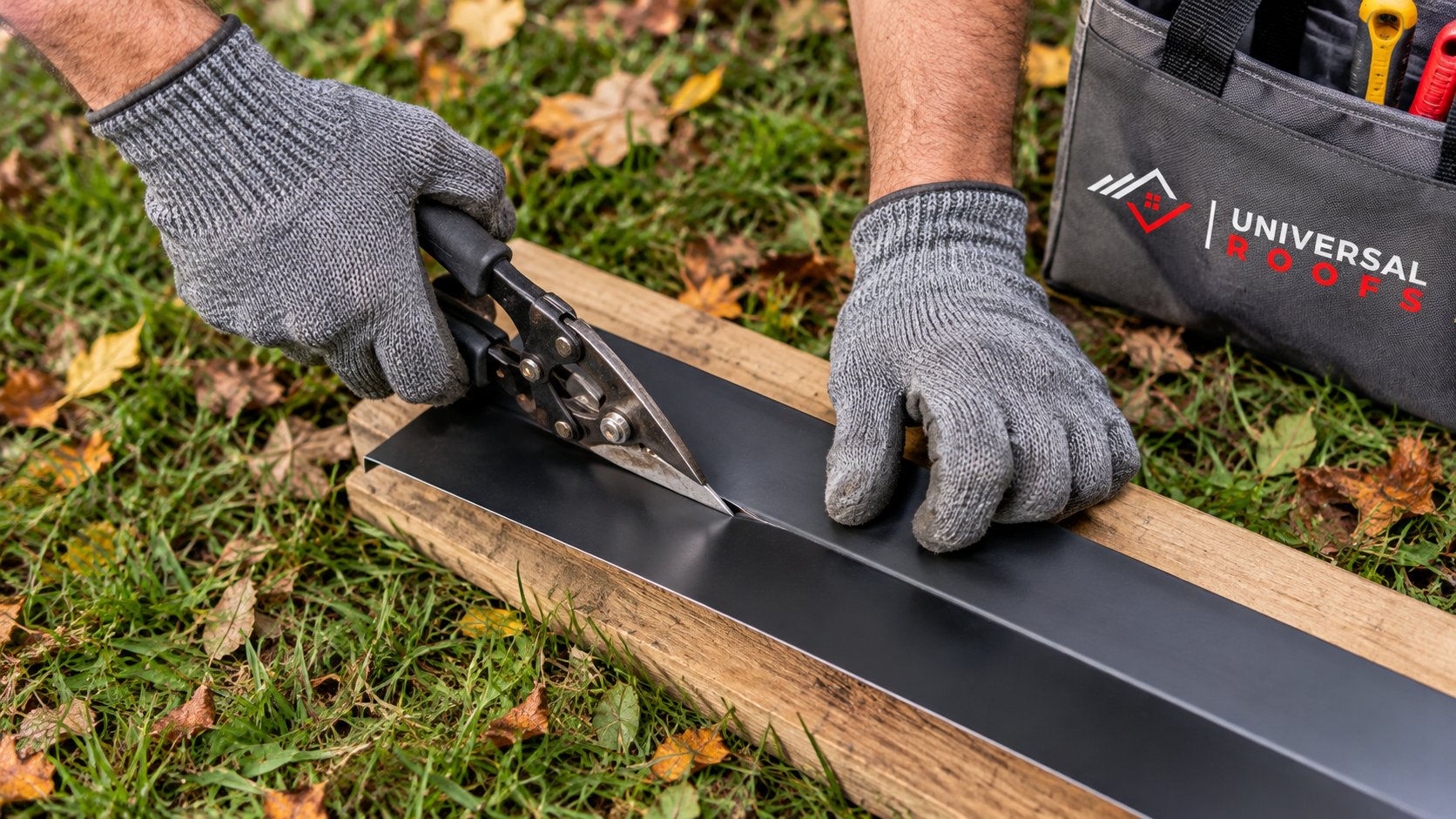 Roofer on the lawn trimming black gutter apron flashing on a sawhorse before new eavestroughs go up on a new roof