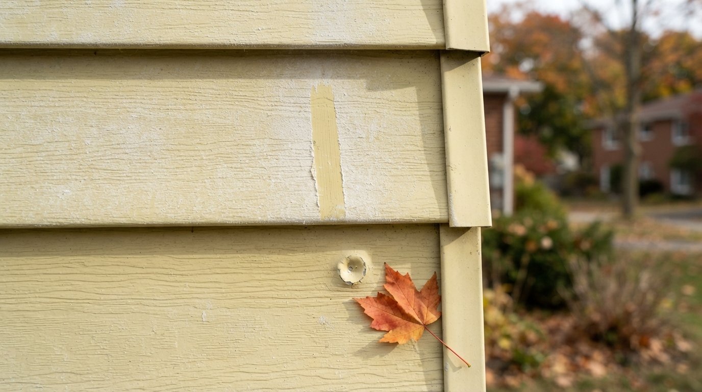 Close-up of chalky, faded aluminum siding panel with a small dent and woodgrain embossing visible