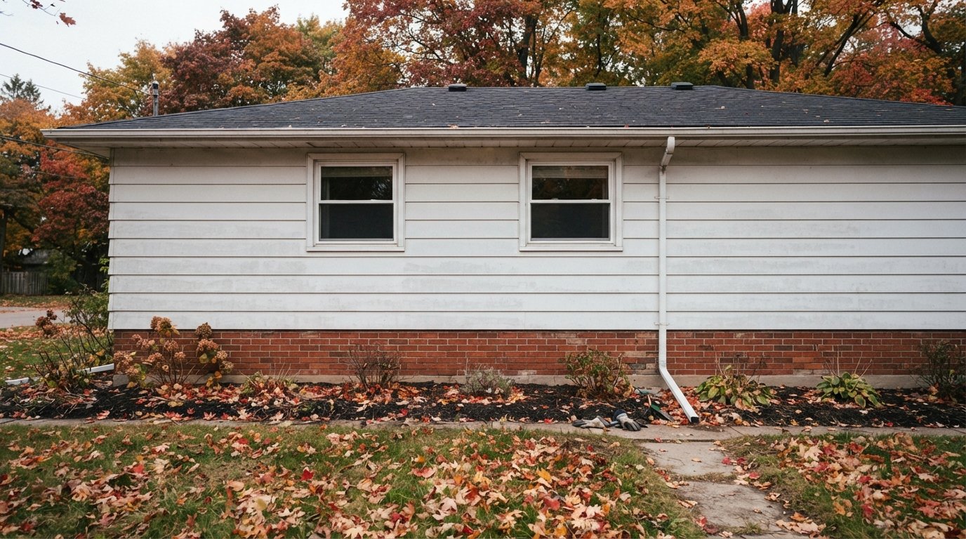 Faded white aluminum siding on an older GTA bungalow with autumn maple leaves along the foundation