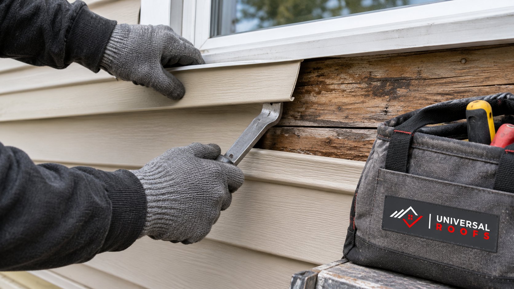 Siding installer removing a section of old aluminum siding below a window to inspect the wood behind