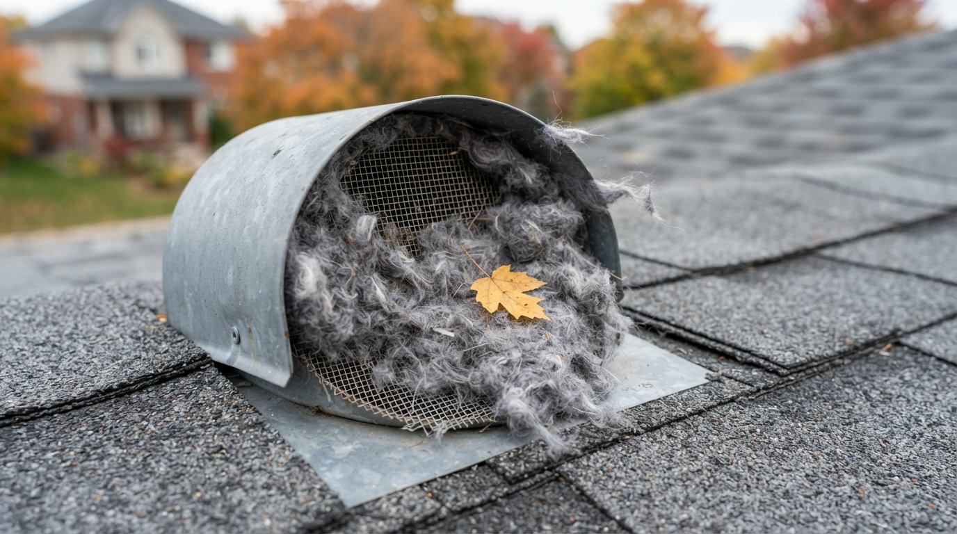 Close-up of a screened roof vent packed with grey lint, a common dryer vent through roof problem