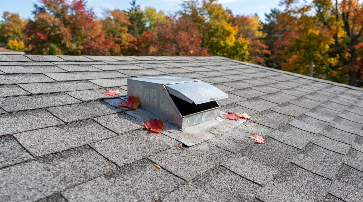 Dryer vent through roof cap on an asphalt shingle roof with lint around the opening and autumn leaves nearby