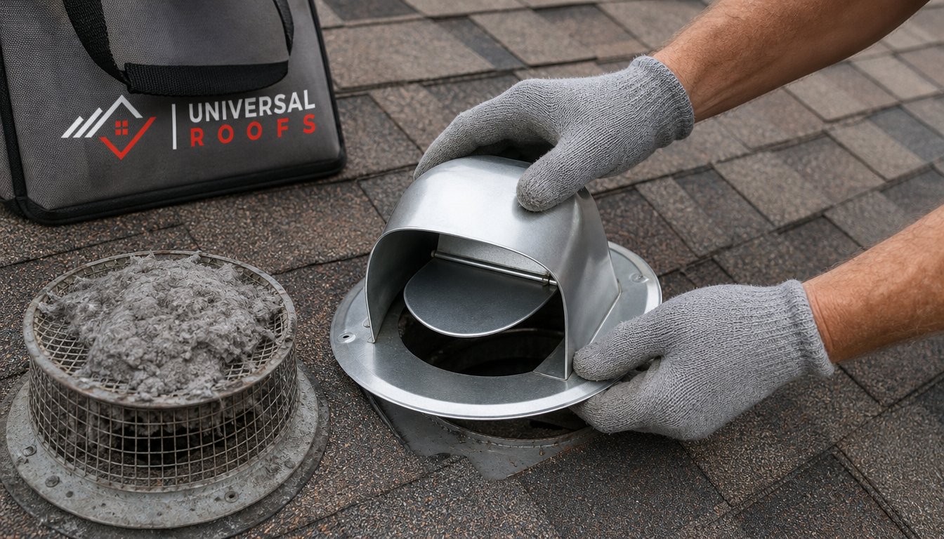 Gloved hands fitting a new damper cap over a dryer vent through roof opening, old lint-clogged screened cap beside it
