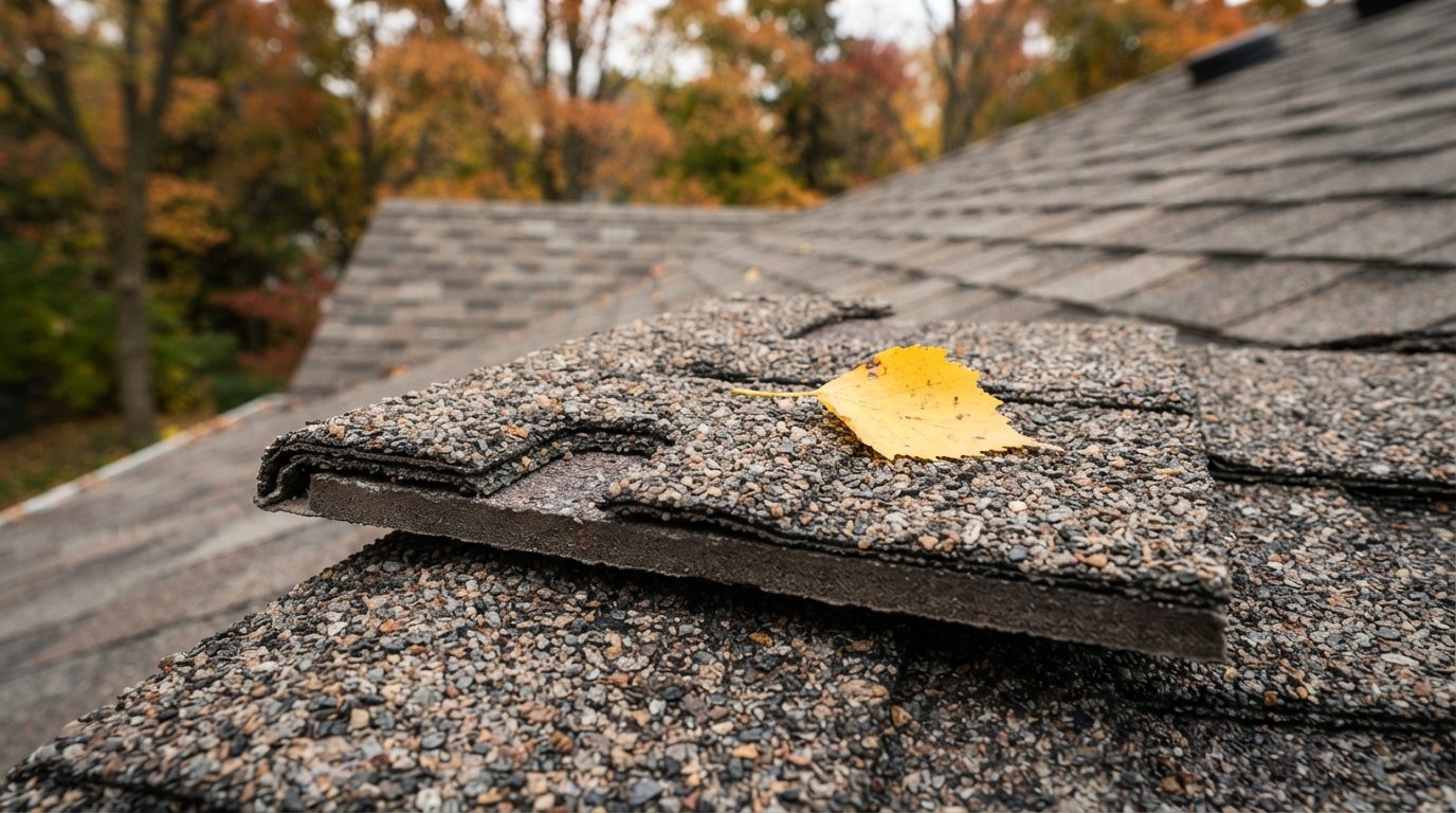 Close-up of Owens Corning Oakridge laminated shingle edge showing two bonded layers and granule texture