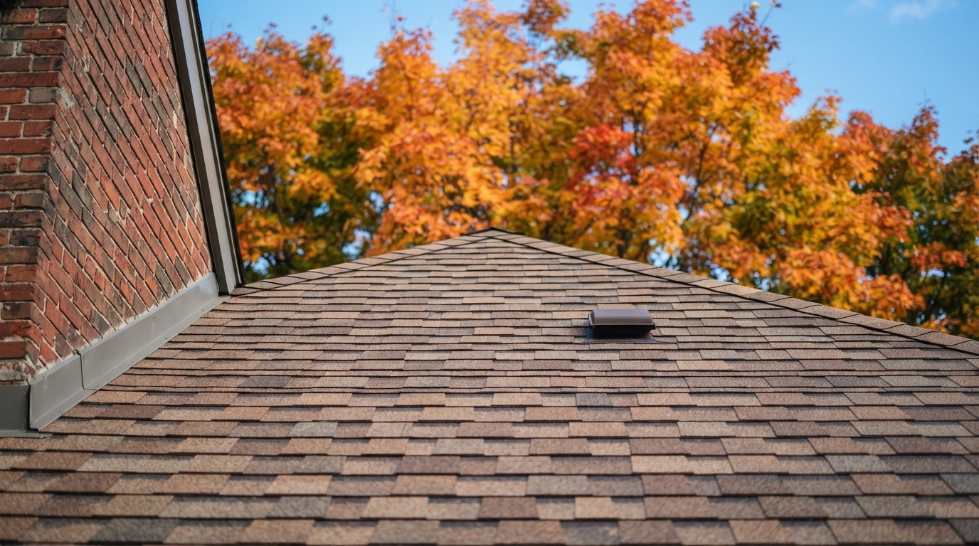 New Owens Corning Oakridge laminated shingle roof in a brown blend against a brick gable under autumn maples