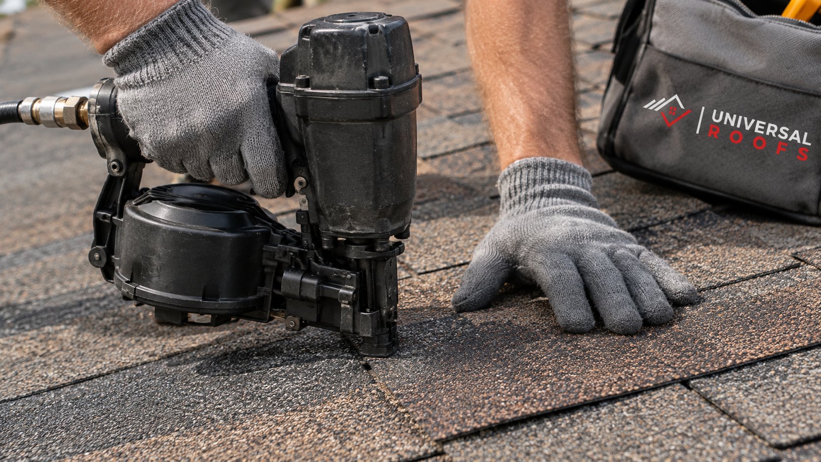 Gloved hands fastening Owens Corning Oakridge laminated shingles with a coil nailer on a new brown-blend roof