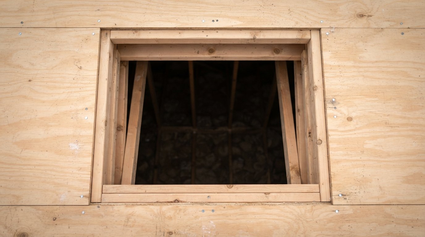 Close-up of a newly framed skylight opening in roof sheathing, structural work that often needs a permit beyond a roof replacement