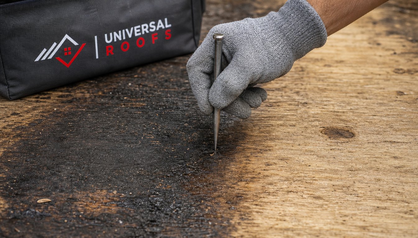 Gloved hand probing water-stained roof sheathing with an awl, damage that can decide if you need a permit to replace a roof