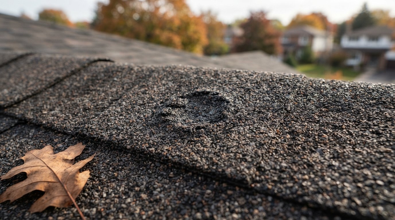 Close-up of impact resistant shingles with a small hail mark where granules shifted but the mat did not crack
