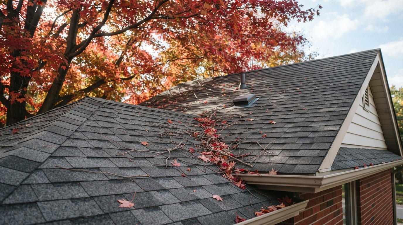 Charcoal impact resistant shingles on a GTA home roof beneath large mature autumn trees