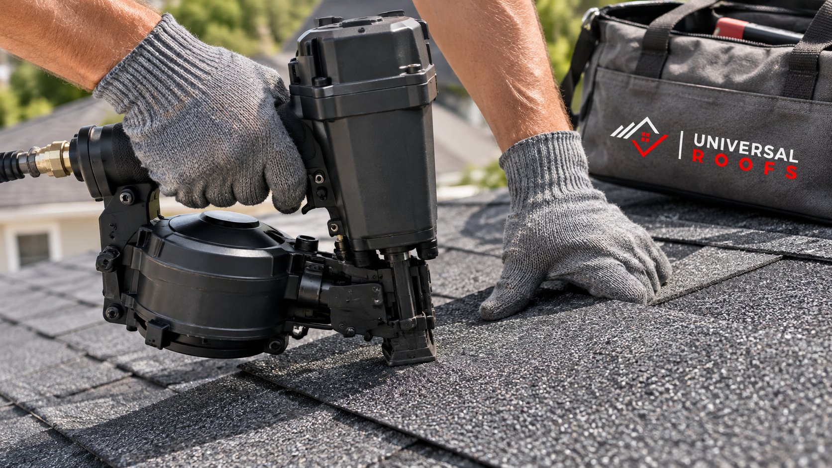 Gloved hands fastening impact resistant shingles with a coil nailer on a charcoal laminated roof