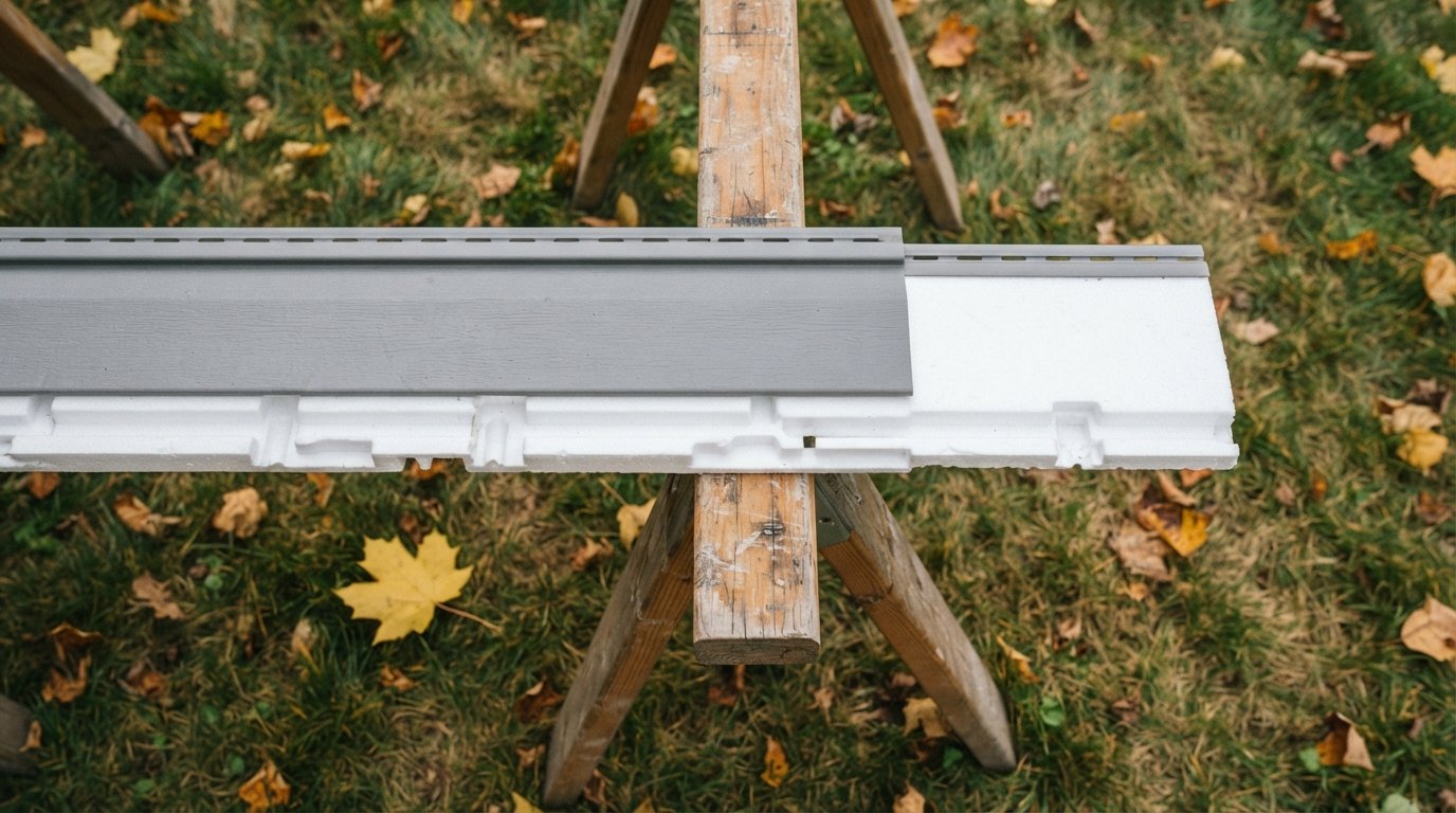 Close-up of insulated vinyl siding panel edge showing the contoured foam backing bonded to the vinyl