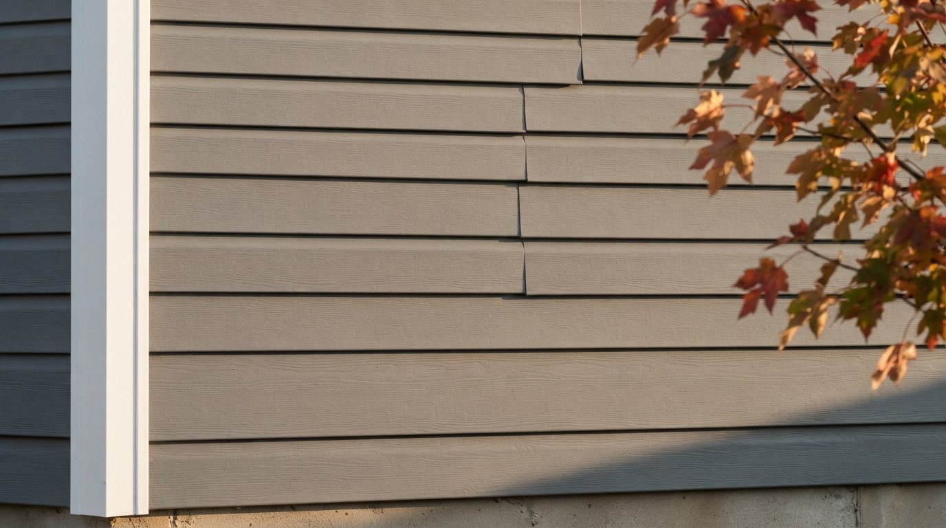 Flat, straight insulated vinyl siding in a muted grey on a GTA house wall with autumn trees beyond
