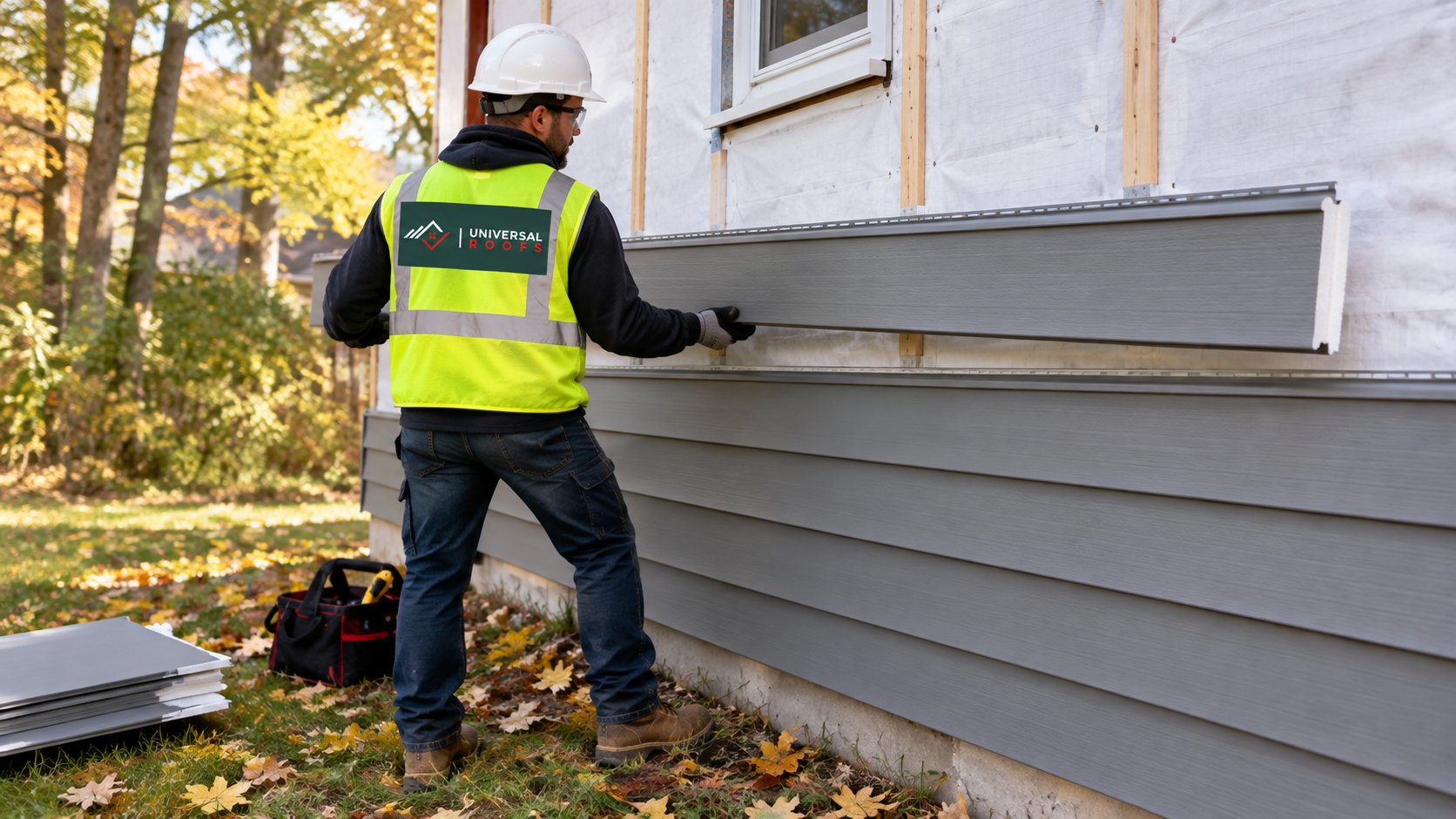 Siding installer fitting a panel of insulated vinyl siding over house wrap at ground level
