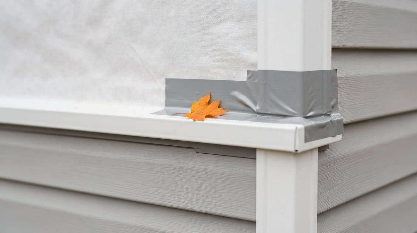 Close-up of new siding corner post, house wrap and flashed window corner that affect siding replacement cost