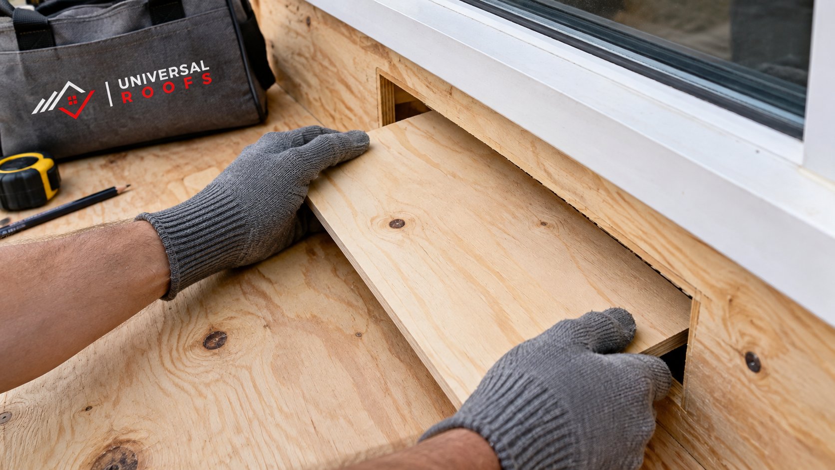 Siding installer replacing a damaged sheathing panel during a siding replacement at ground level